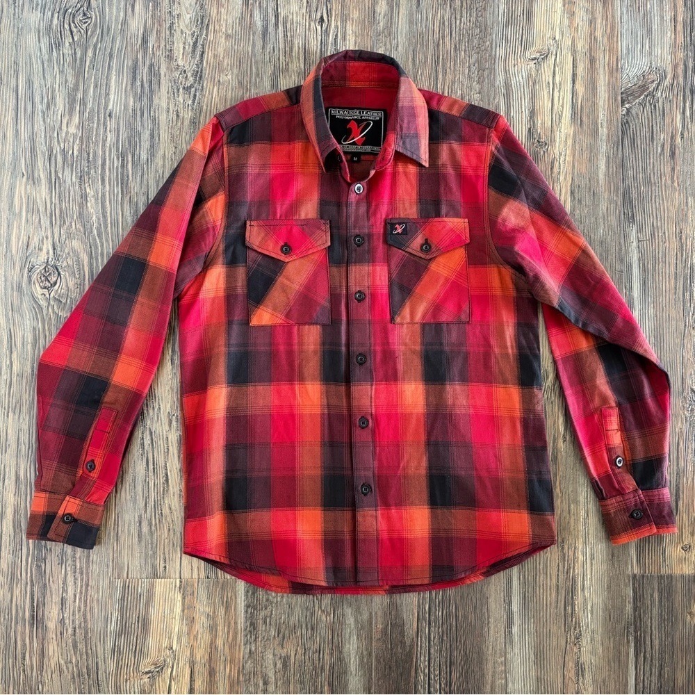 MILWAUKEE LEATHER Button-Up Flannel Shirt Mens M Red Orange Black Plaid Biker